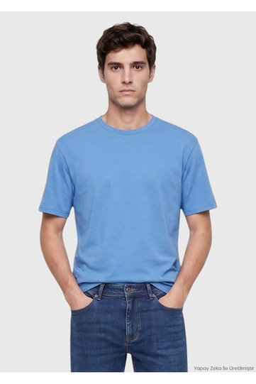 Blue Plain Crew Neck Cotton Blend T-Shirt