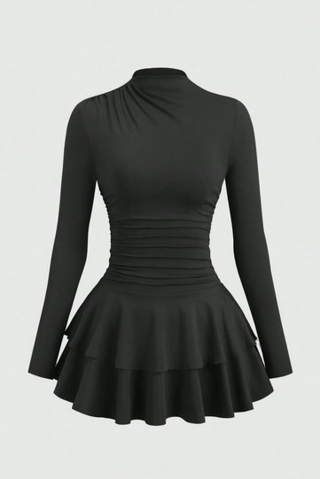 High Collar Skirt Layered Flounce Dress