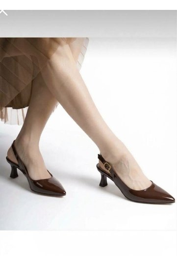 Women's High Heels with Pointed Ankle Straps in Brown Patent Leather