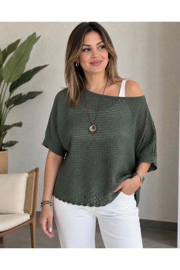 Women's Knitwear Blouse Short Sleeve Openwork Knit Boat Neck Relaxed Fit