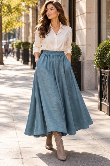 100% Cotton-Viscose Blend, 95 CM Long, Jeans-Style, Elastic Waist, Hidden Pockets, Flared Skirt