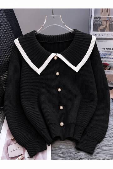 Soft Textured Button Detailed Knitwear Sweater Black White