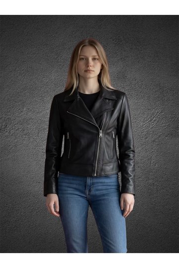 Genuine Lambskin Leather Women's Coat (Black)