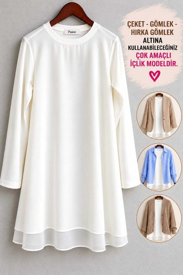 Tunic Tesettür Clothing Front Chiffon Detail Long Sleeve Undershirt 10269 Ecru