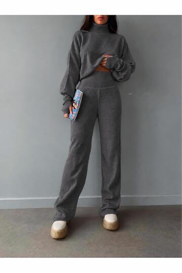 Fingerless Crop High Waist Knitwear Anthracite Gray Set