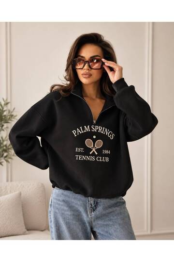 Palm Springs Tennis Club Printed Half Zipper Stand Collar Women's 3 Yarn Thick Winter Sweatshirt