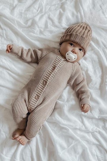 Baby Girl/Boy Knitted Button Detailed Hat Knitwear Newborn Rompers Set-milkpotbrown