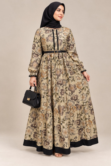 Beige and black printed dress Without Belt