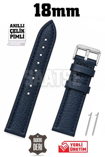 18mm Navy Blue Genuine Leather Watch Band Strap with Smart Pins