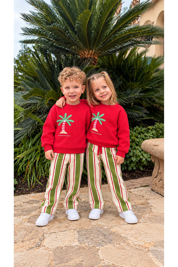 Unisex Palm Tree Printed Red Sweatshirt Striped Bottom Tracksuit 3 Yarn Fabric Bottom Top Set