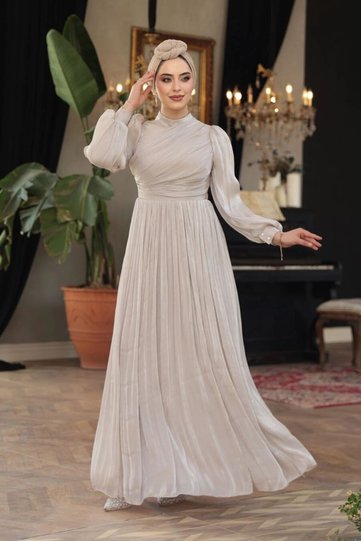 Drape Detailed Stone Hijab Evening Dress 44081Tas