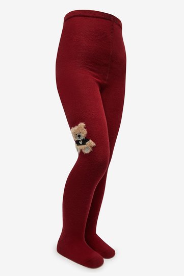 Girl's Pretty Teddy Bear Burgundy Pantyhose