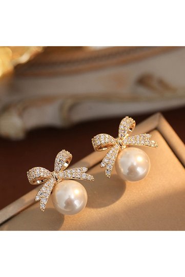 white Sparkling Rhinestone Bow Pearl Stud Earrings Light Luxury Fashion Jewelry Women Gifts Wedding