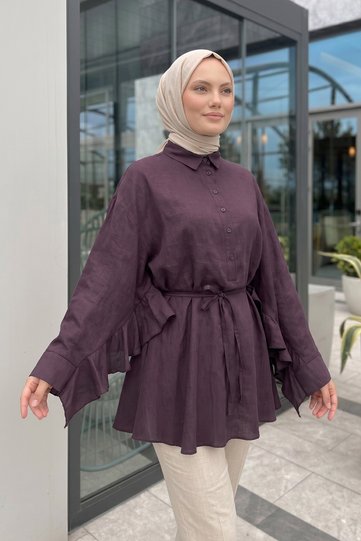 Volan Detailed Lace-Up Tunic Y0136 - Mürdüm