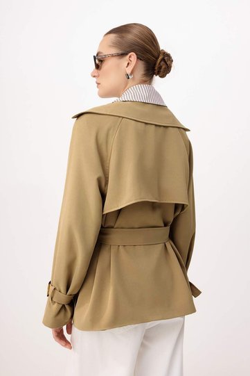 Beige Striped Lining Detailed Double-Breasted Midi Trench Coat Twoss26Tr00005