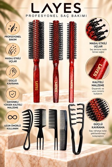 Professional 3-Piece Men's Combing and Blow-Drying Brush Series + 5-Piece Styling Comb