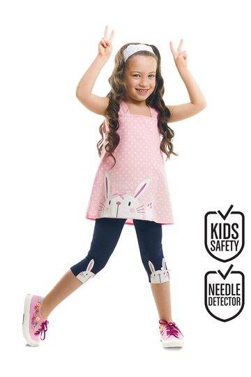 Rabbit Appliqué Girls' Pink Navy Summer T-Shirt Tunic Leggings Set