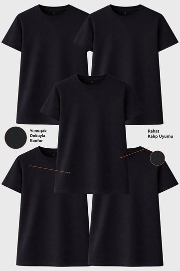 Women's 5-Piece Black Basic T-Shirt Set, 30/1 Single Jersey Cotton , Soft Texture, Crew Neck