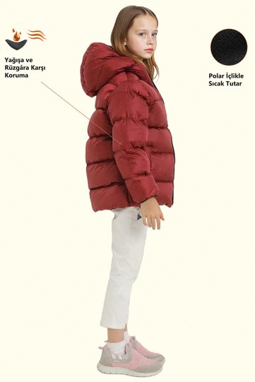 Children's Claret Red Fleece Fur Hooded Waterproof Wind Resistant Pocket Inflatable Winter Coat