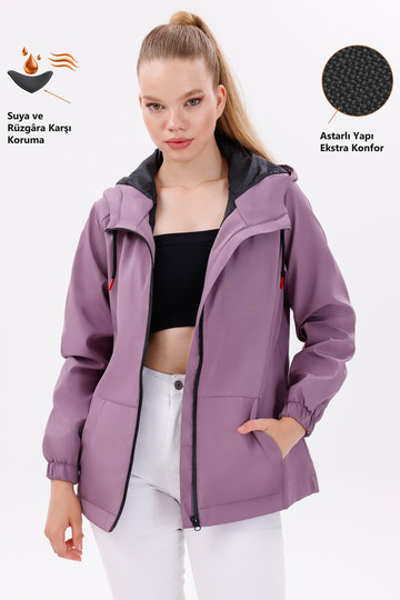 Sports Women's Plum Lined Waterproof and Windproof Hooded Raincoat with Pockets - Windbreaker