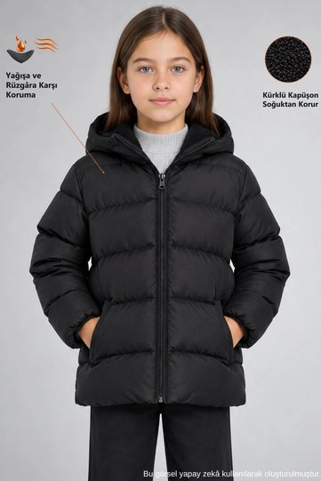Girl's Black Fleece Lined Fur Hooded Waterproof Windproof Inflatable Winter Coat