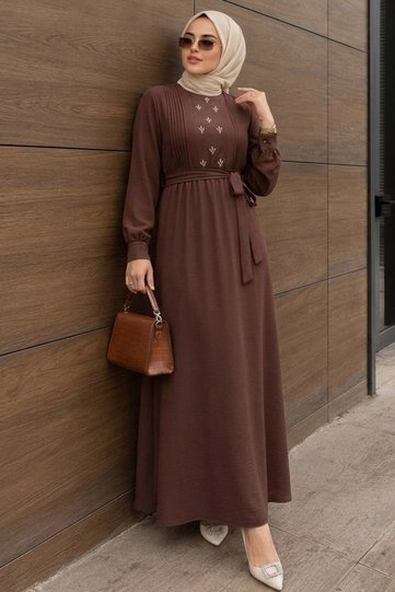 فستان حجاب بني بحزام 10309KH