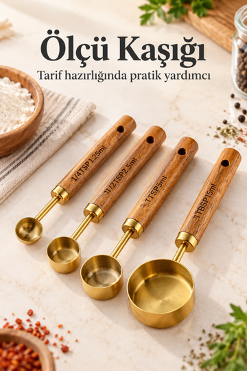 4 Pieces Gold Stainless Steel Measuring Spoon Set with Wooden Handle Measuring Cup Small