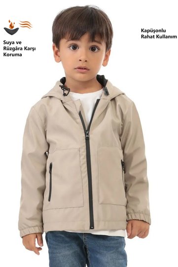 Sports Boy's Stone Lined Water and Windproof Hooded Raincoat with Double Zipper Pockets
