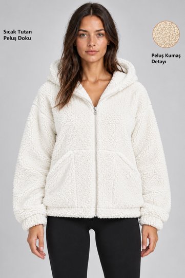 Women's White Oversize Hooded Zippered Plush Sweatshirt with Pockets