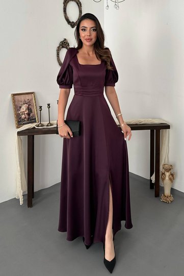 Plum Satin Slit Dress