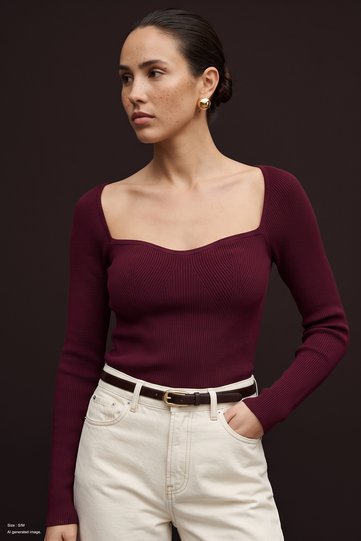 Heart Neckline Knit Blouse - Burgundy