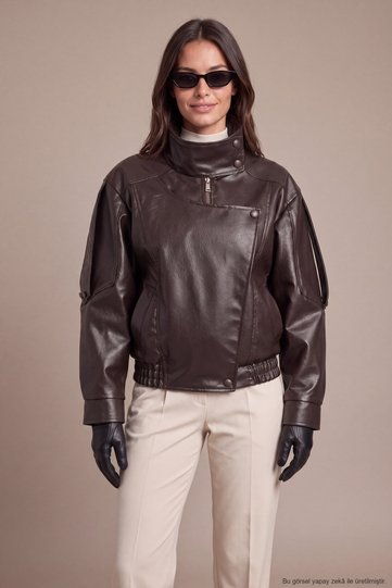 Women's Brown Oversize Asymmetrical Zippered Faux Leather Jacket with Snap Detail
