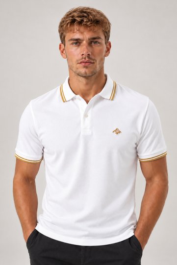 Men's White Polo Collar T-Shirt 100% Cotton Pique Fabric Regular Fit Mustard Striped Short Sleeve Mountain Embroidery