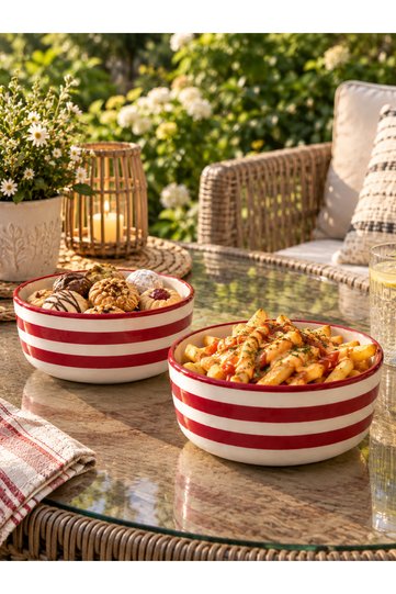 Modern Rhythm Series Red Striped Pattern 2-Piece Presentation and Serving Bowls Ceramic 14 cm Presentation Bowl