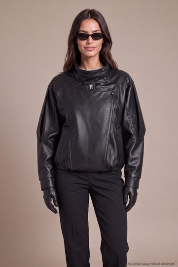 Women's Black Oversize Asymmetrical Zippered Faux Leather Jacket with Snap Detail