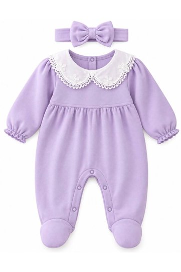 Baby Girl 40/1 Interlock Cotton Set – Lace Collar, Long Sleeves, Booties Newborn_03Ay_06Ay 2-Piece Set