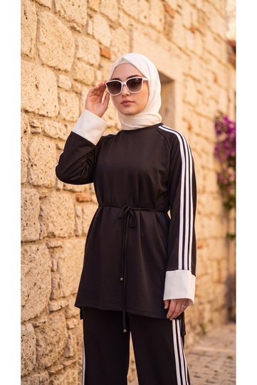 Women's Cream Cuffed Waist Tie-Up Stripe Detailed Hijab Tracksuit Set