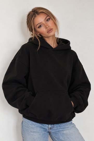 Women's Oversize Sweatshirt Hoodie Basic Black – Hooded, Kangaroo Pocket, 3 Thread Ribs