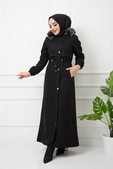 Women's Zippered Full Length Cashmere Hooded Fur Long Stitched Topcoat Coat