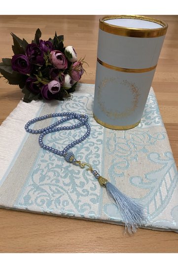 Blue Prayer Rug Set with Dowry Gift Box Luxury Taffeta Prayer Rug