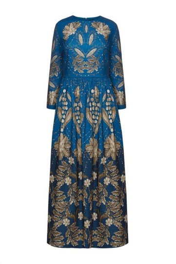Women's Blue Floral Patterned Jacquard Dress