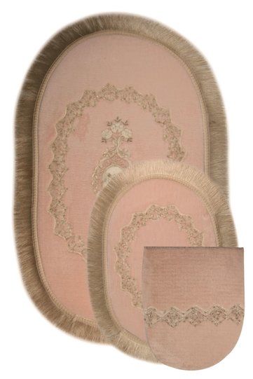 Pudra Exclusive 3-Piece Oval Dowry Box Set with Fringed French Lace Toilet Set and Bathroom Mat Set