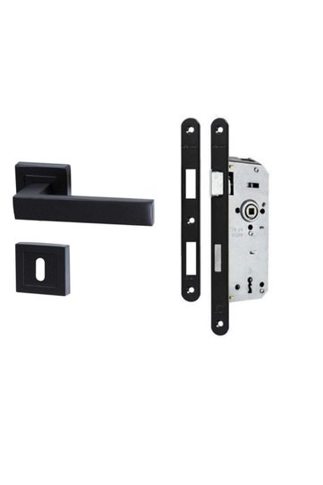 Kale Lama (BANYO-WC TYPE) Matte Black Square Badge Door Handle & Door Lock Set of 2