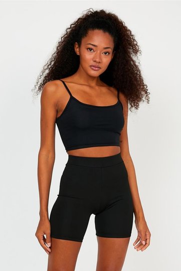 Women's Black Diving Fabric Shorts Boy Biker Sports Tights Boat Neck Crop Set