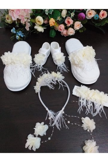 Ecru Pearl Stoned Floral Maternity Crown, Slippers, Bandana, Baby Booties Set