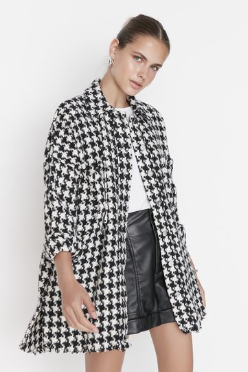 Oversize Black Tasseled Houndstooth Patterned Thin Jacket - Twoss20Mo0058