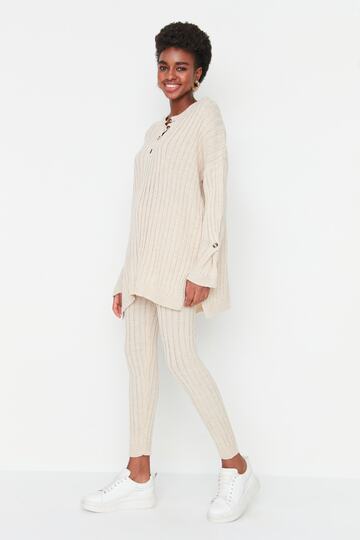 Beige Corded Wide Fit Knitwear Bottom-Top Suit Twoaw22Au0039