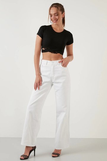 White Super High Waist Loose Straight Jeans Palazzo Pants ( Super High ) Wide Leg