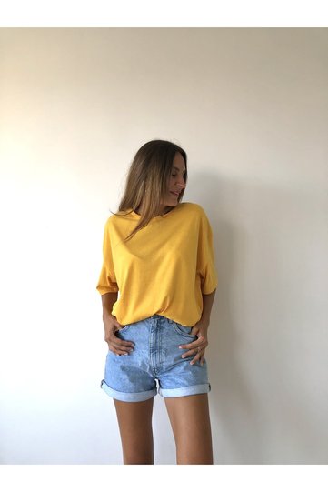 Unisex Yellow Cotton Crew Neck Boyfriend Knitted Oversize T-shirt