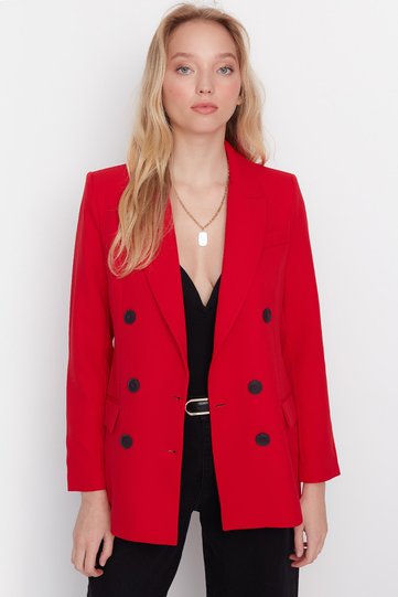 Red Woven Lined Double-Breasted Closure Woven Christmas Blazer Jacket TWOAW23BC00019